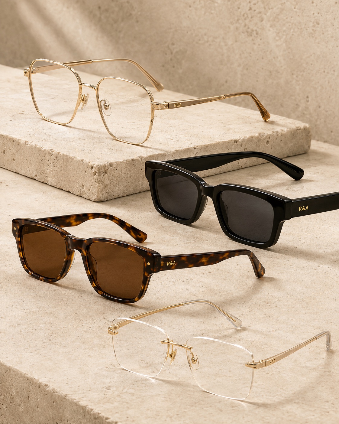 R&A by Salem eyewear collection in gold, black, tortoise and rimless finishes