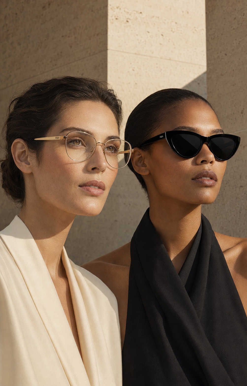 Two women wearing R&A by Salem optical frames and sunglasses